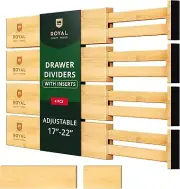 Adjustable Bamboo Drawer Dividers Organizers (17" - 21.5") with Inserts - Exp...
