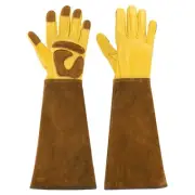 XL Long Gardening Gloves Cowhide Leather Pruning Garden Glove Yellow/Brown