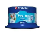 Verbatim CD-R 700MB 50Pk White InkJet 52x Superior ink absorption on high-resolution 5,760 DPI printers