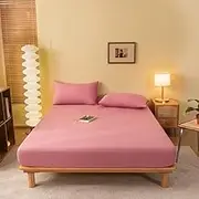 Soft Comfortable Mattress Protector Cover Deep Pocket Fitted Sheet Simple Solid Color Fitted Topper Machine Washable Bedding Accessory-Pink||King:71x79inch