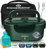 TRAVELISIMO Electric Lunch Box 3-in-1 for Car Truck and Work, 12V+24V+220V, Heats Food in Minutes, Thermos Flask, Hot Food, Stainless Steel, 1.5L 80W, Portable Electric Tin