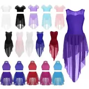 Kids Girls Lyrical Dance Dress Mesh Splice Crop Top and High Low Skirt Dancewear