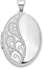 [JewelryWeb] 14ct White Gold Polished Holds 2 photos 26mm Oval 1/2 Hand Engraved Locket