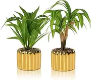 Vnezakl 2 Pcs Artificial Dracaena Plant Golden Ceramic Pot Realistic Textured Faux Plants for Indoor Outdoor Fake Greenery Home Office Decor with Lifelike Foliage