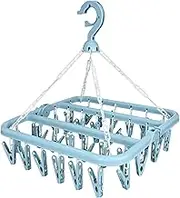 Windproof Clothes Airer, Foldable, Blue Sock Dryer, Hanging, Foldable Clothes Airer with 32 Clips, Windproof Clothes Hanger, Swivel Hook, Windproof Hanger for Small Socks, Underwear, Towels