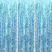Wavy Tinsel Foil Fringe Curtain Photo Booth Props for Mermaid Birthday Under The Sea Party Decorations (3 Pack 3.2 ft X 6.6 ft Teal Blue)