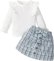 [Qiraoxy] Baby Girls' Clothing, Long Sleeve Top + A-line Plaid Skirt Set, Toddler Girls Fashion Clothing, 2-Piece Outfits Set, 1-6 Years