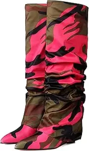[Oiamenne] Women's Fold Over Boots Slouch Knee High Boots for Women Wedge Heel Pointed Toe Tall Boot, Wide Calf, Pull-on