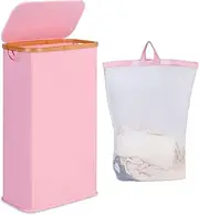 iEGrow Slim Laundry Hamper, Narrow Laundry Basket with Lid,Foldable Clothes Hamper with Bamboo Handles,Hamper Basket with Removable Inner Bag for Laundry Room Bedroom College Dorm,60L Pink