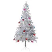 Wellwood 6 ft Silver Tinsel Christmas Tree with 24ct Assorted Ornament Set an...
