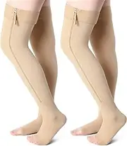 2 Pairs Zipper Compression Socks Thigh High 20-30 mmHg Compression Stockings with Zipper Open Toe Compression Stockings for Women Men Swelling Edema