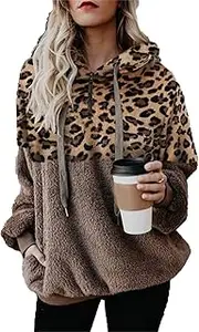 [Generic] Women Sherpa Pullover Quarter Zip Long Sleeve Leopard Fluffy Soft Fleece Jackets Sweaters Sweatshirts Hoodies Outwear