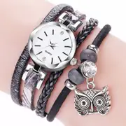 Ladies Small Dial Circle Owl Pendant Bracelet Watch(Black)