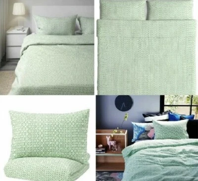 IKEA RODVED King Size Duvet Cover Plus 2 Pillow Cases Abstract Green and White