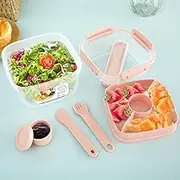 Salad Container with Utensils Leakproof Salad Box with 3 Compartment Tray Salad Lunch Box with Salad Dressing Cup Salad Bowl Microwave Safe for Food Fruit Snack (Pink)