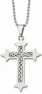 [Saris and Things] Chisel Stainless Steel Silver Inlay Cross Pendant 24in Neckl
