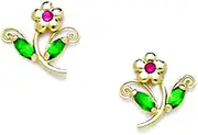 [JewelryWeb] 14k Yellow Gold Green and Red CZ Simulated Diamond Flower With Leaves Screw Back Earrings 8x9mm Stud Earring for Women