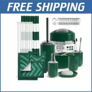 Modern Green Bathroom Set: Shower Curtain, Liner, Hooks, and Plush Rugs Included