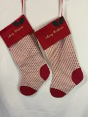 Two Stockings Rustic Country Farmhouse 19” Red Ticking Fabric Merry Christmas