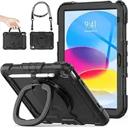 SEYMAC stock Protective Case for iPad 11th(A16) Generation 11" 2025/10th Generation 10.9" 2022 with Rotatble Ring Handle Stand, Screen Protector, Shoulder Strap,Pencil Holder, Black