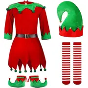 Kids Christmas Elf Cosplay Costume Outfits Dress Socks Shoes Hat Set - 3-4 Years