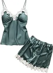 [Generic] Lady Loungewear Women's Soft Cozy Jersey Suspenders Similar to Sexy Underwear Home Pajamas Two Lace Suspenders Home Clothes Suit Summer Set (Green S)
