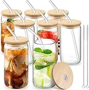Drinking Glasses with Bamboo Lids and Glass Straw - 8Set 500ml Can Shaped Glass Cups for Beer, Ice Coffee, Cute Tumbler Cup Great for Soda Boba Tea Cocktail Include Cleaning Brushes