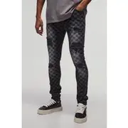 Mens Washed Black Super Skinny Stretch Checkerboard Ripped Denim Jeans