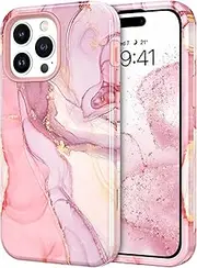 YINLAI iPhone 15 Pro Max Case Marble Pattern 3 in 1 Full Body Rugged Hard PC Back Cover Bumper, Soft Silicone Drop Shockproof Protection Girly Women Case for iPhone 15 Pro Max,Rose Gold Pink