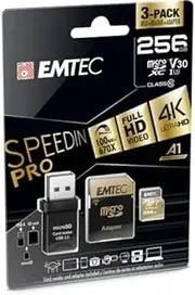 Emtec 256GB MicroSDXC Memory Card with SD and USB Adapter, Gold