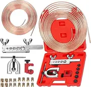 Glarks 26Pcs 3/16 Copper Coated Brake Line Kit, 25ft Copper-Coated Steel Tube Coil Set Includes 16 Fittings and Brake Line Double & Single Flaring Tool Kit for Hydraulic Braking Systems, Fuel Systems