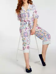 NEW PETER ALEXANDER FLORAL TILE SHIRT TOP & 3/4 PANTS PJ SET XS RRP$139.90