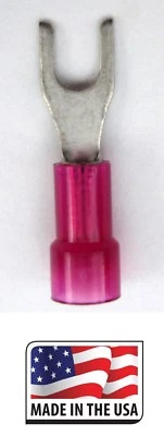 (100) 22-18 #8 RED NYLON (FORK) SPADE TERMINAL ELECTRICAL CONNECTOR MADE IN USA