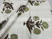 Boho Floral Handmade Block Print Quilt With Kantha King Size Bedspread White