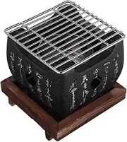 Japanese BBQ Grill with Wooden Base Aluminum Alloy Grill Table Top Charcoal Grill for Household Camping Outdoor Cooking-S