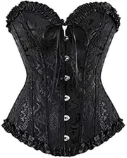 [KiRYu] Women's Lace Corset Floral Pattern with Buttons Waist Shaping Bustier Top for Wedding Party Photography (Black, Large)
