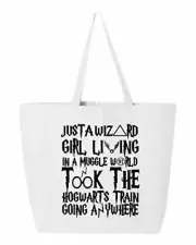 Just A Wizard Girl In A World Took The Hog Train Funny Tote Canvas Magic Book Ba