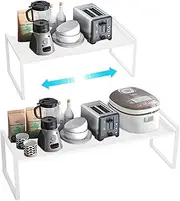 PASRLD Expandable Cabinet Shelf Organizers, Kitchen Cabinet Organizer Shelves Spice Rack Cupboard Organizers Storage, 14.1 to 23.6 Inch Metal Plate Shelves (White, 9Inches X 11.8Inches)