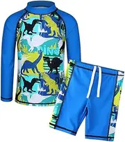 [HUAANIUE] Boys Scrawl Black Swimsuit UPF 50+UV Protection Two Piece Swimming Set 5-14Y Longsleeve Rash Guard Boysuit Costume