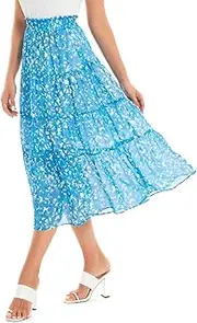 [DIASHINY] Women's Boho Printed High Waist Pleated Layered Elastic Waist A Line Long Skirt