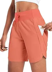 [baleaf] Women's 7 Inch Running Shorts Running Trousers Short Sports Trousers with 4 Pockets Jogging Bottoms Sports Shorts with Inner Briefs, Orange, Large