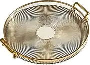 Round Tray, Multipurpose Transparent Round Serving Tray with Handles for Bread Fruit Dessert Snack, Fashionable Transparent Jewelry Tray for Party Kitchen Bathroom Display Home Decor(Amber Gold)