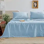 100% Cotton King Size Flat Sheet Only, Dusty Blue Luxurious Stone Washed Cotton Linen Like Bed Sheet (1-Pack), Soft Crisp Textured Hotel Quality Top Sheet for All Season