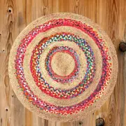 Handmade Chindi Cotton Jute Rug, Traditional Multi Color Chindi &Jute Round Rugs