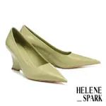 【HELENE_SPARK】叛逆復古 未來感純色軟漆牛皮建築坡尖頭高跟鞋(綠)