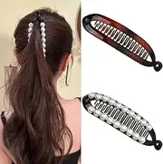 Banana Claw Clips Hair Clincher Combs for Thick Thin Hair Fish Clip Black Barrettes for Women Girls French Comb Pearl Ponytail Holder Accessories 2Pcs