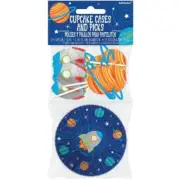 Blast Off Birthday Cupcake Cases & Picks Set 24pk Outer Space Party Cake Decor