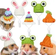4 Pieces Hamster Hat Mini Small Animals Hat with Adjustable Strap Lovely Hand Knitted Frog Rainbow Carrot Tiny Hats for Lizard Guinea Pig Reptile Christmas Holiday Party Clothes Costume Accessories