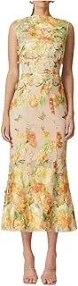 [HEYDHSDC] Vintage Spliced Appliques Midi Dress for Women High Waist Patchwork Embroidery Bodycon Dress Yellow M