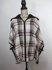 NWT Tahari Zippered Plaid Poncho Sweater Vest White Beige Black S/M
